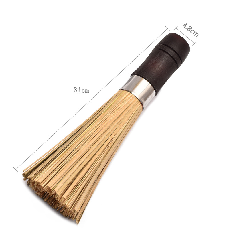 Wooden handle cleaning brush, commercial old-style stove brush, long-handled kitchen pot scrubber, hotel restaurant slanted bamboo pot brush