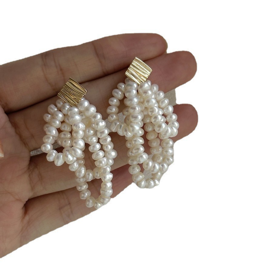 Hand-woven tassel natural multi-layer freshwater pearl S925 silver ear pin
