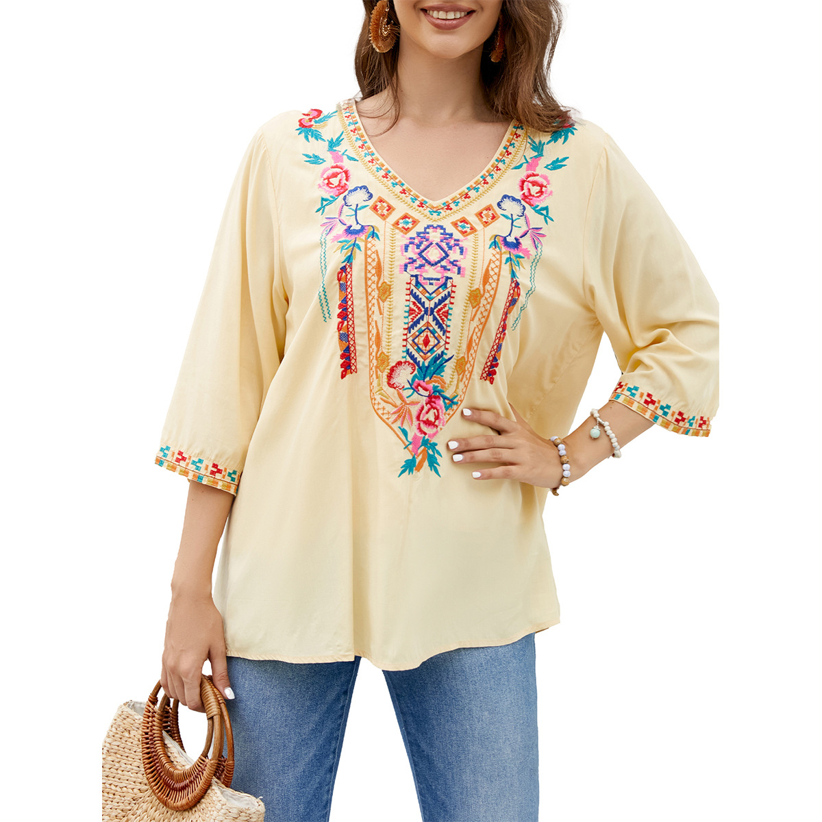 Women's heavy embroidery V-neck seven-point sleeve loose shirt #328