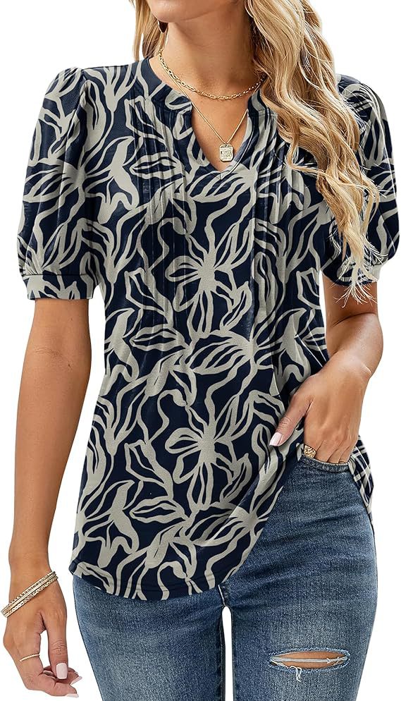 2026 Women's V-Neck Bubble Short Sleeve Pleated T-Shirt Women's Casual Top