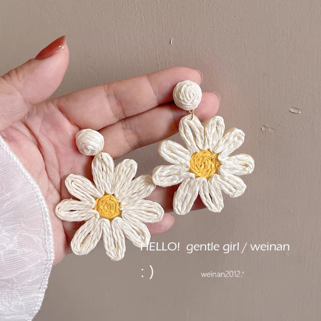 2025 new resort style sunflower earrings women exaggerated handmade woven ear accessories ear cuffs no ear hole earrings