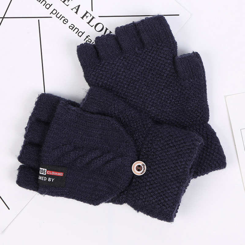 Gloves Men Winter Warm Cold-Proof Driving Cycling Finger-Exposed Flip-Top Gloves Knitted Yarn Half-Finger Gloves