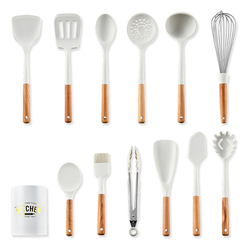 Wood Handle White Silicone Kitchenware Set 12-Piece Set Nordic Simple Non-Scratch Pan Kitchen Tool Set