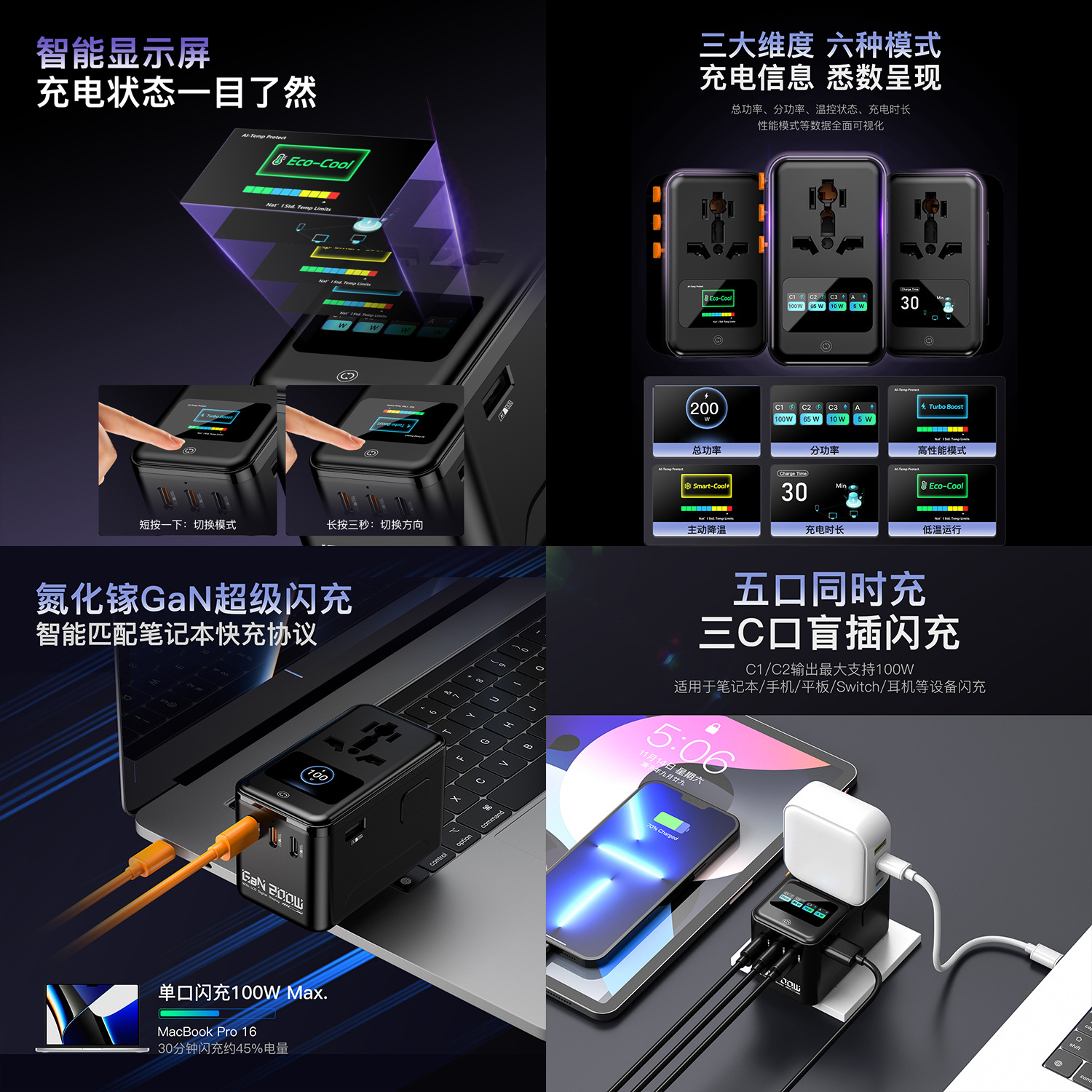 New PD200W Display Digital Animation GaN Fast Charging Converter Socket Global Travel Adapter Plug
