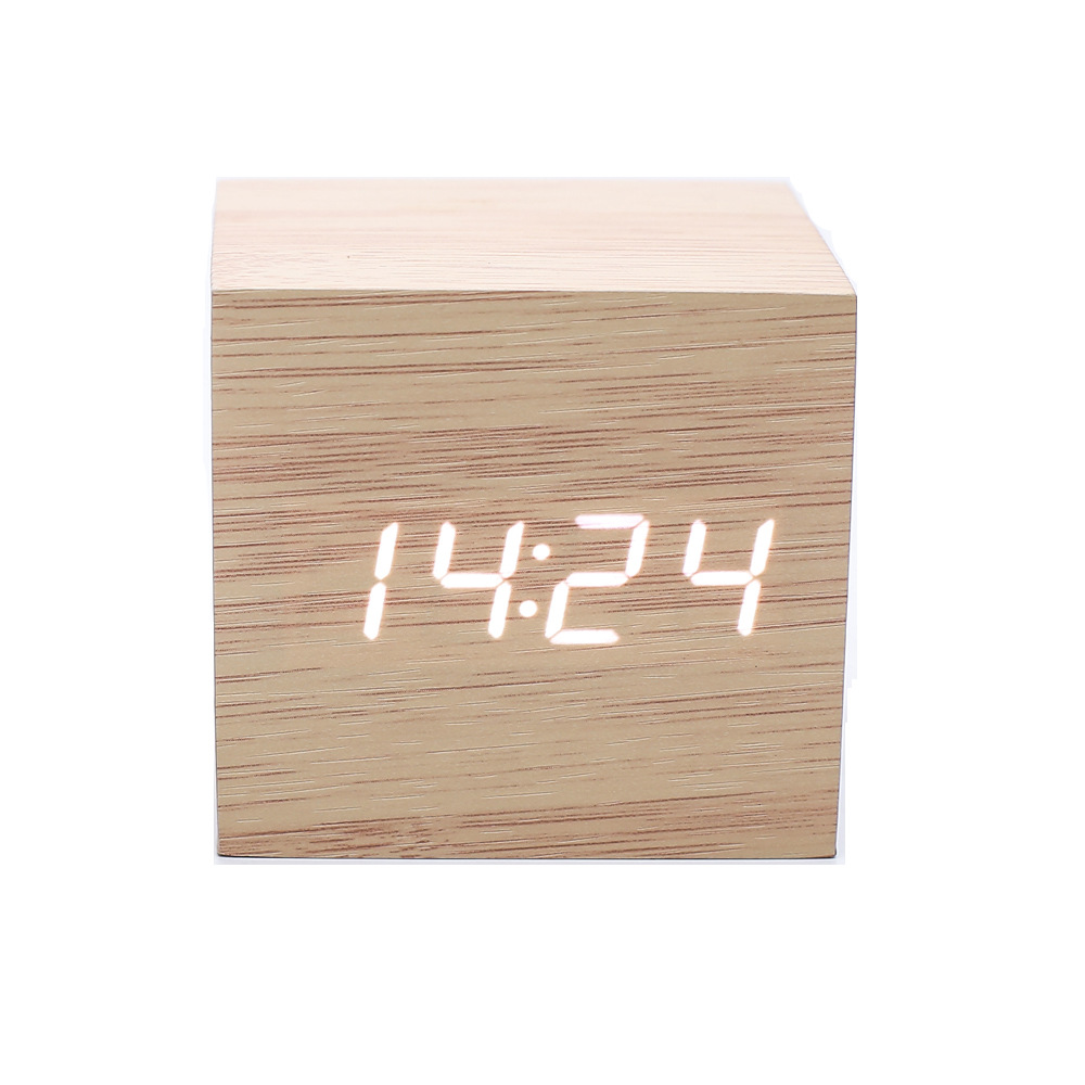 LED smart voice-controlled wooden clock, square compact digital display temperature and humidity electronic alarm clock, multi-color electronic clock