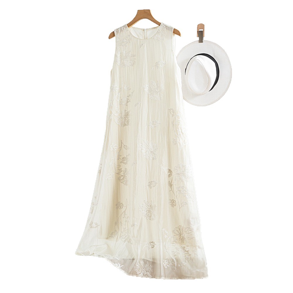 Heavy embroidery tencel white dress women summer new Chinese style long sleeveless vest dress
