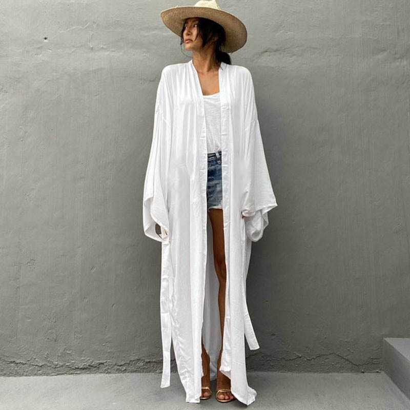 New Rayon Loose Long Cardigan Beach Sun Protection Jacket Seaside Vacation Bikini Cover Up Swimsuit Outer Women