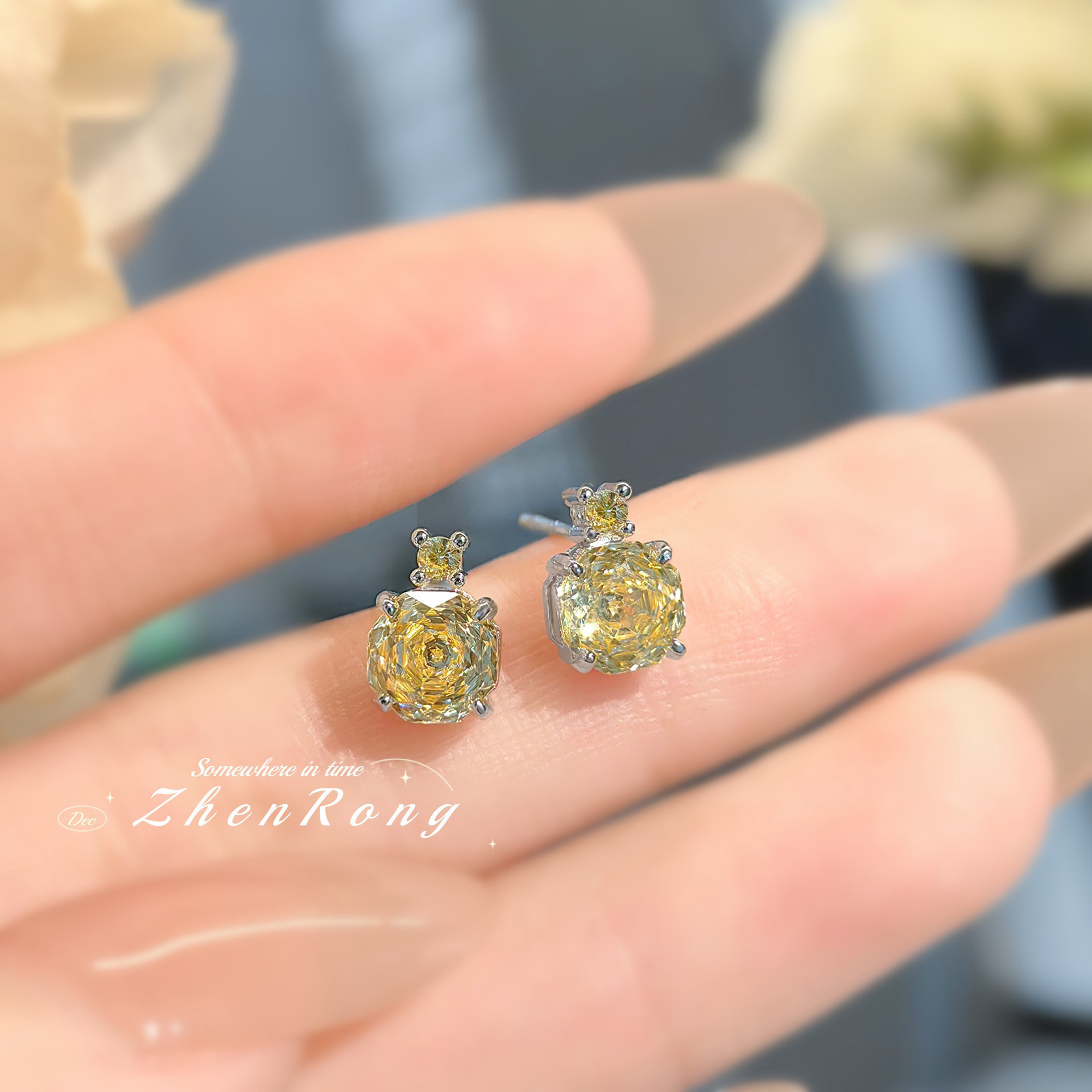 Octagonal millennium rose cut炫彩 necklace pendant inlaid with high carbon diamond Chinese red earrings color gem pink diamond ring women