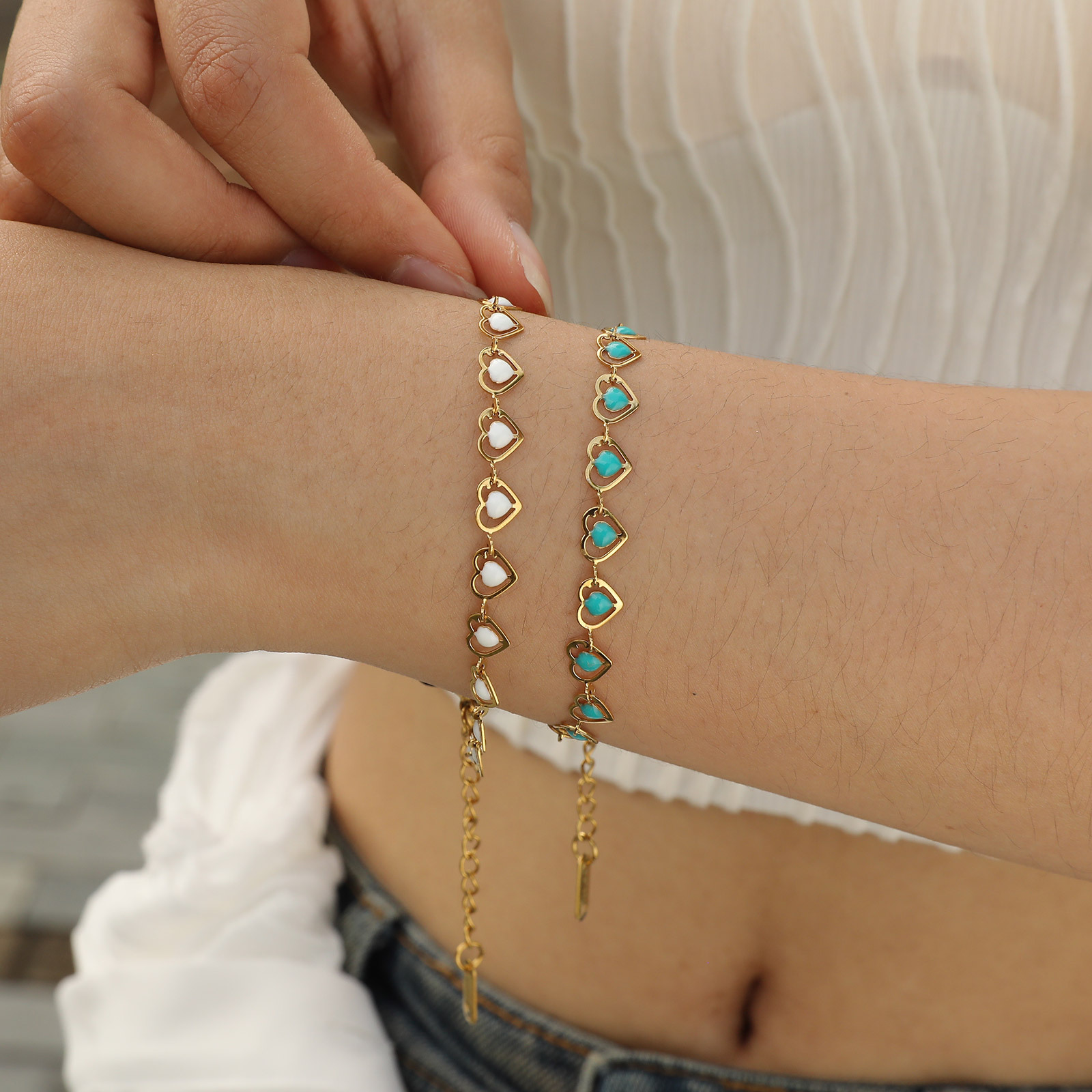 Women's Stainless Steel Drop White Oil Heart Shape Flower Cherry Colorful Bracelet Gold Accessories