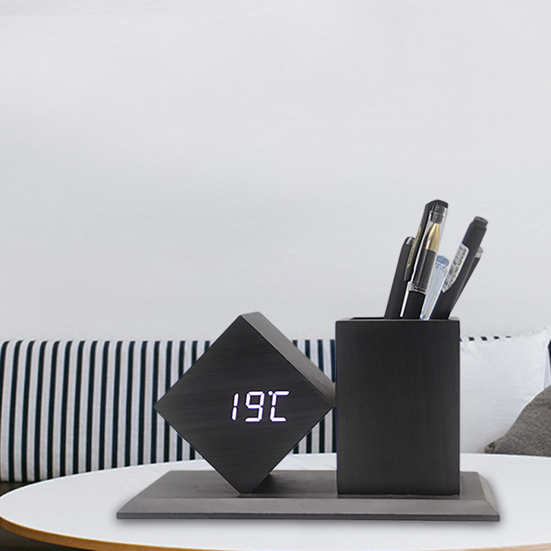 New Wooden Clock LED Smart Alarm Clock Home Office Desktop Pen Holder Wooden Clock Smart Electronic Clock