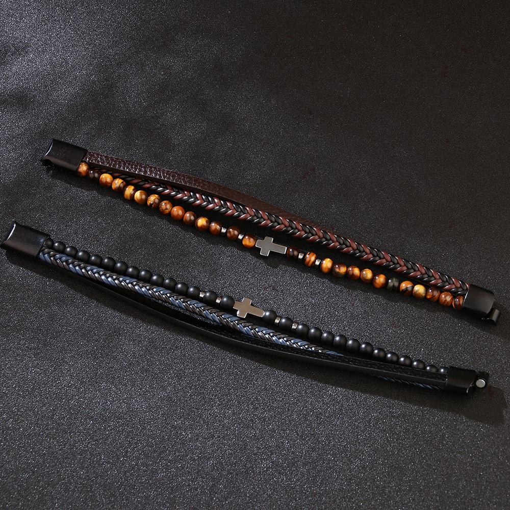 Cross Multi-layer Black Agate Bracelet New Woven PU Leather Tiger Eye Stone Matte Stone Bracelet