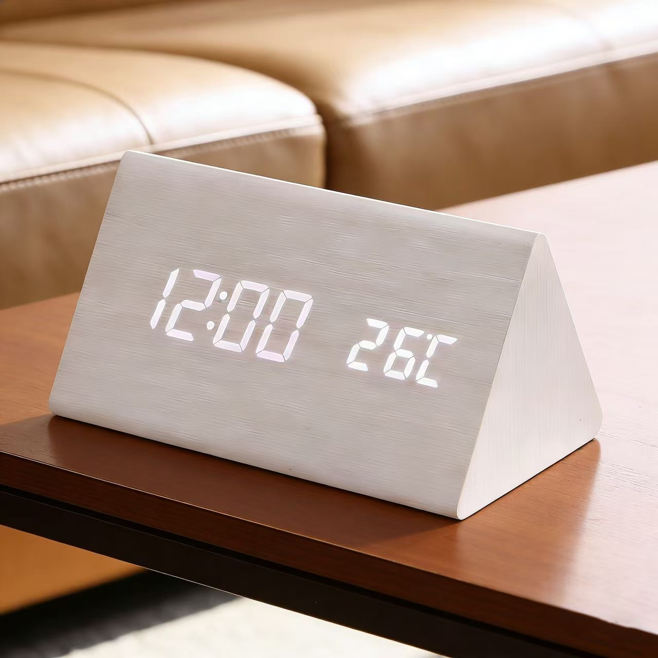 Voice-controlled minimalist wooden office silent multifunctional electronic clock with temperature display, plug-in power, student alarm