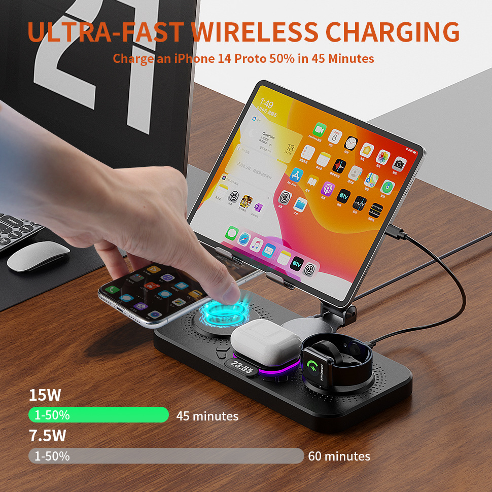 New wireless charger supports phone watch earphone charging clock colorful lights flat stand foldable
