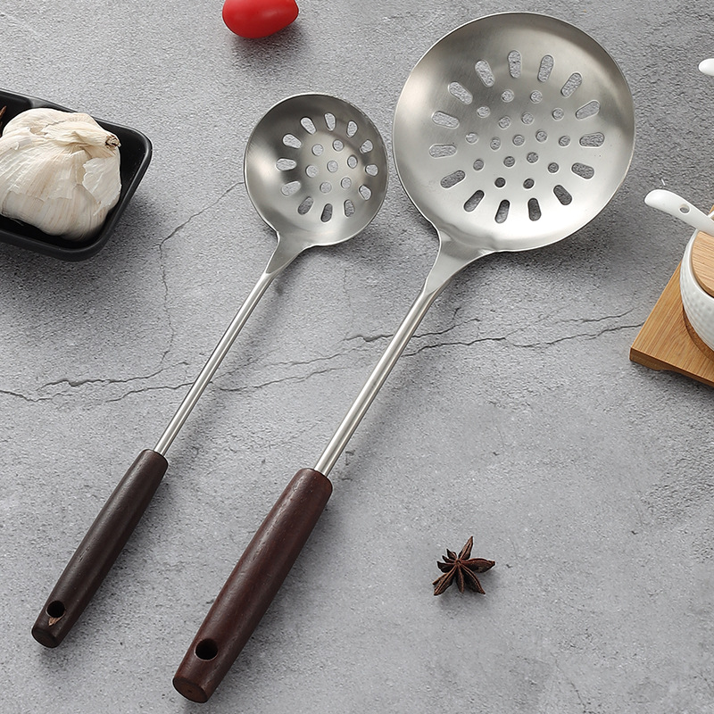304 stainless steel spatula kitchenware set, wooden handle wok spatula, soup spoon, slotted spoon, kitchen tools