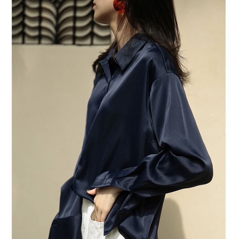 White Shirt Women Niche Hong Kong Style Blouse Satin Silk Satin Loose Professional