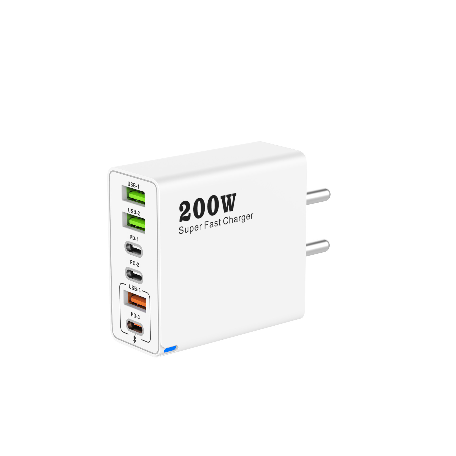 New 200W Multi-Port Charger 3USB+3PD 6-in-1 for Mobile Phones, Australian/Indian/UK Standard Fast Charging Head 5V
