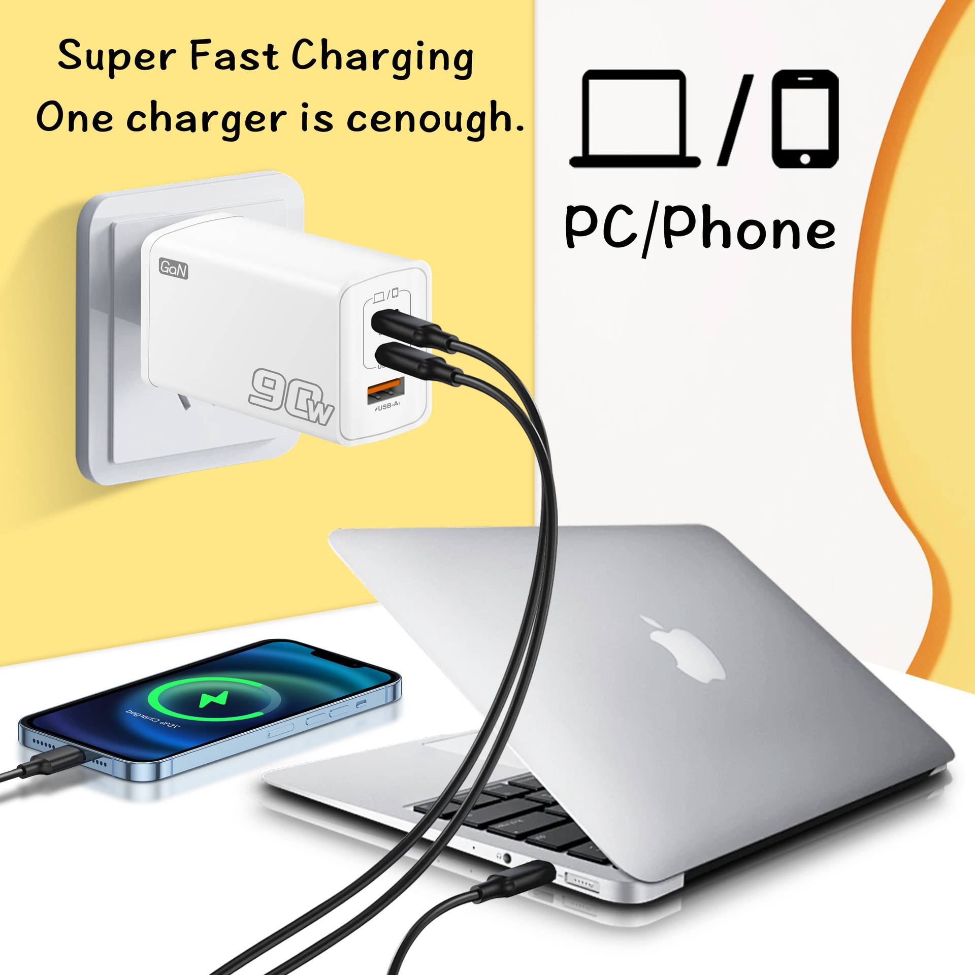 90W GaN Charger PD Fast Charge Phone Charging Head 2C+PD Laptop Universal GaN Power Supply
