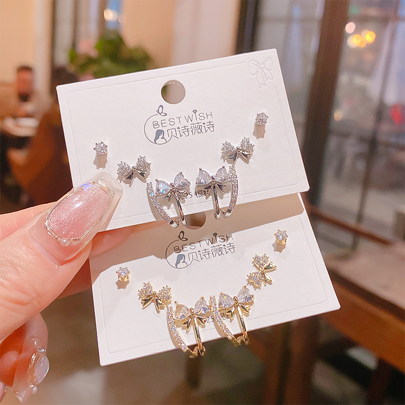 2025 silver needle thick gold electroplated exquisite zircon small earrings 6-piece set three pairs, wind earring accessories