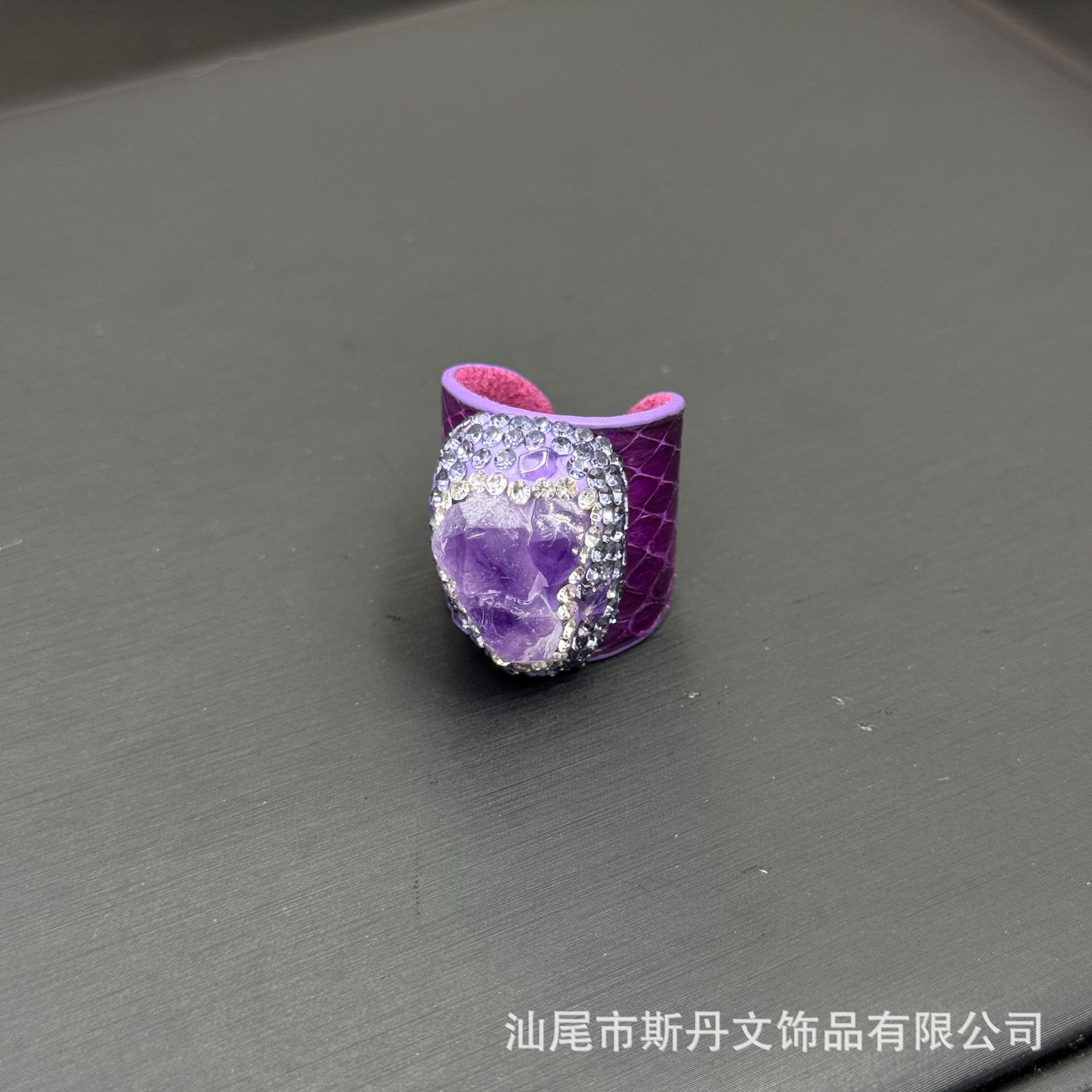 New Natural Amethyst Raw Stone Genuine Leather Ring Niche Handcrafted Inlay Ring Live Stream