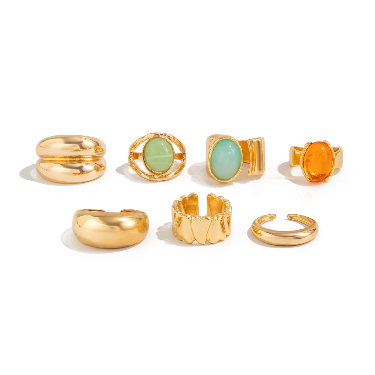 Layered gem ring set for women metal hammered texture open wide ring hand ornament