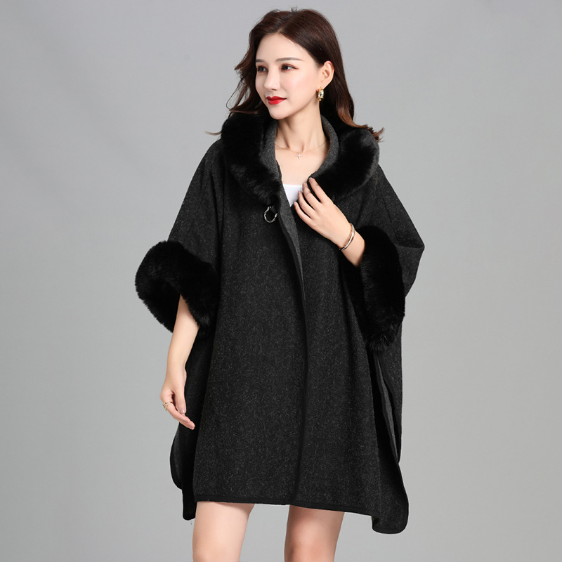 Imitation Rabbit Fur Collar Hooded Large Cape Poncho Women's Knit Cardigan Thick Loose Mid-Length Fur Coat Women