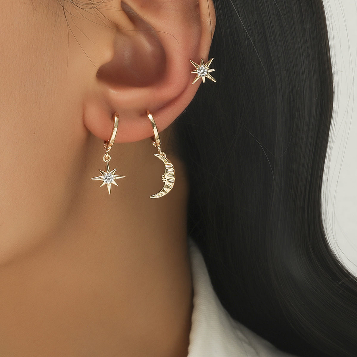 Star Moon Asymmetrical Earring Three-Piece Set Zircon Ear Stud Ear Cuff
