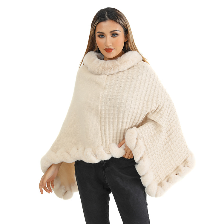 Autumn Winter New Imitation獭兔 Fur Collar Pullover Shawl Irregular Plus Size Knit Cape Loose Knit Coat Women