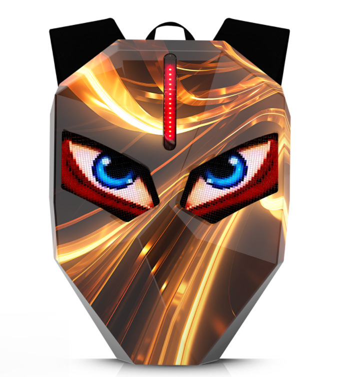 LED Rider Motorcycle Travel Backpack with DIY Glowing Eyes, Helmet Pouch, Waterproof, Unisex