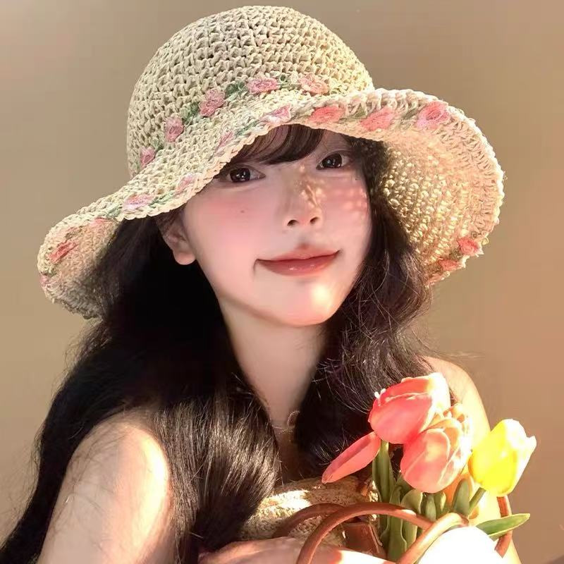 Colorful Beaded Straw Fisherman Hat, Summer Beach Vacation Sun Protection Straw Hat, Foldable Hat