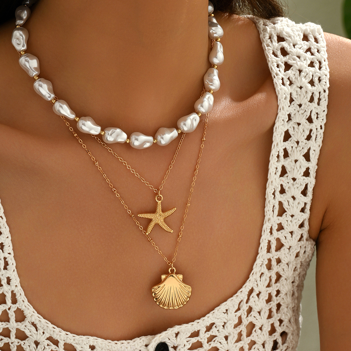Accessories Simple Starfish Shell Pendant Necklace Vacation Style Pearl Bead Choker Necklace for Women
