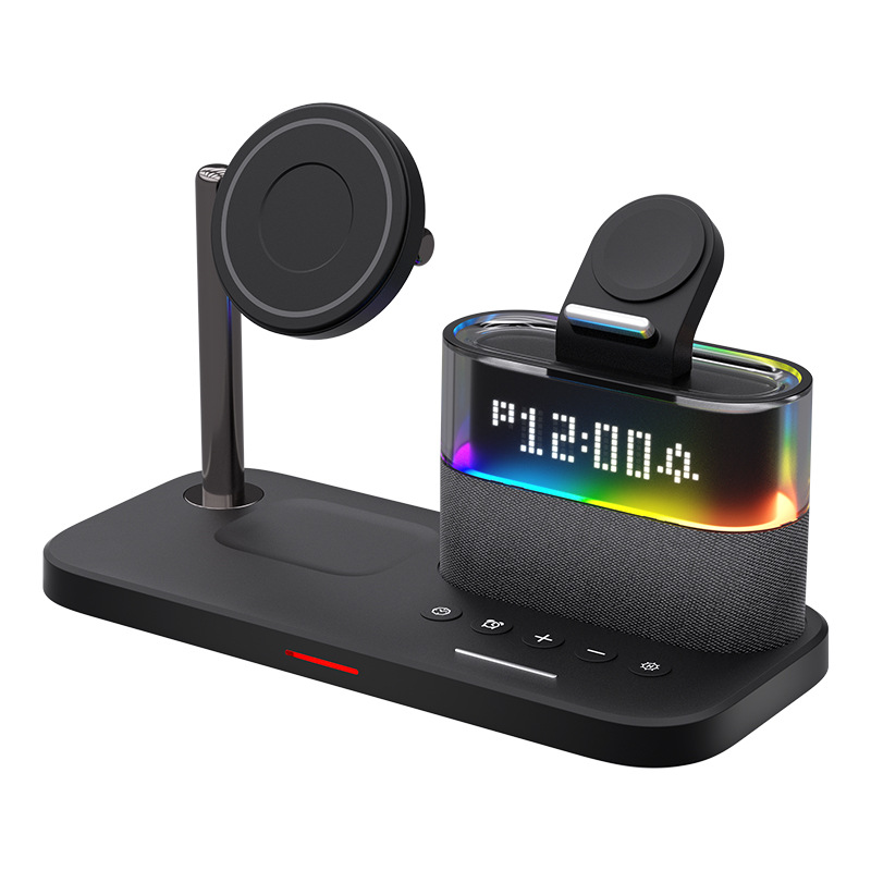 Desktop magnetic three-in-one wireless charger with colorful touch night light and alarm clock, suitable for Apple series, factory direct sales