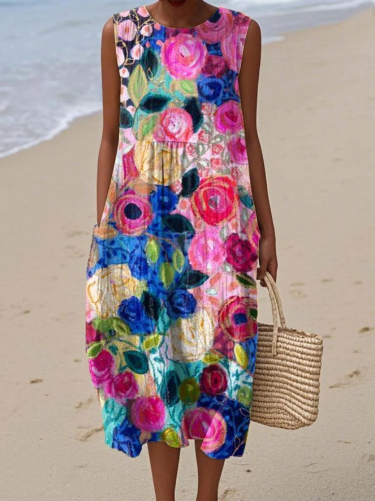 New Amazon Summer Sleeveless Pocket Casual Printed Long Dress Slim Fresh Style