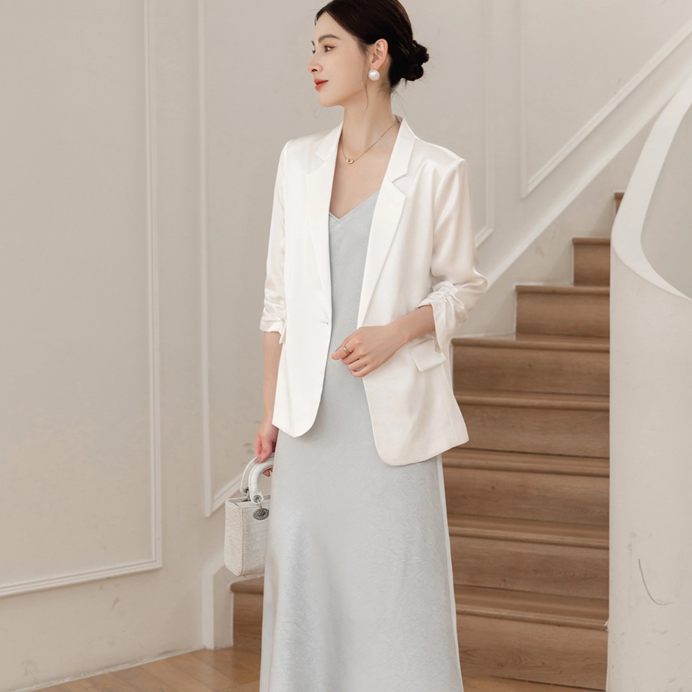 Acetate satin three-quarter sleeve suit jacket 2026 summer solid color blazer women