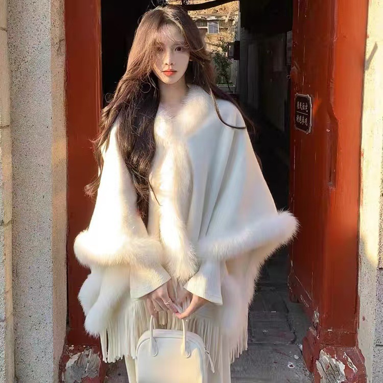 Shawl Cape Outer Wear Women Autumn Winter Thickened Fluffy Fur Scarf Cape Dual Use
