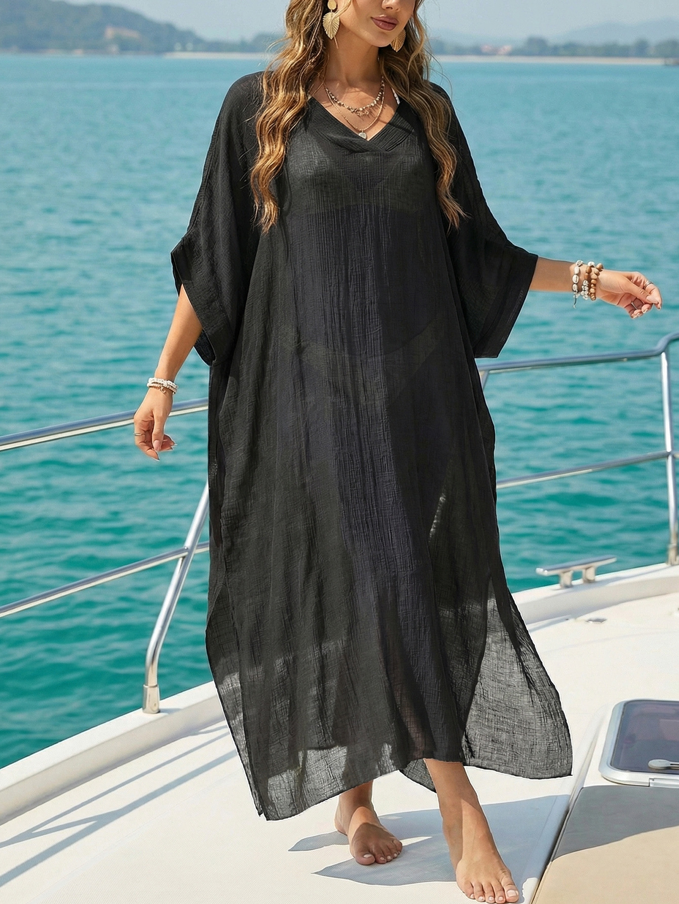 Women's Beach Cover-Up Summer New V-Neck Loose Casual Dress Split Floor-Length Dress Women