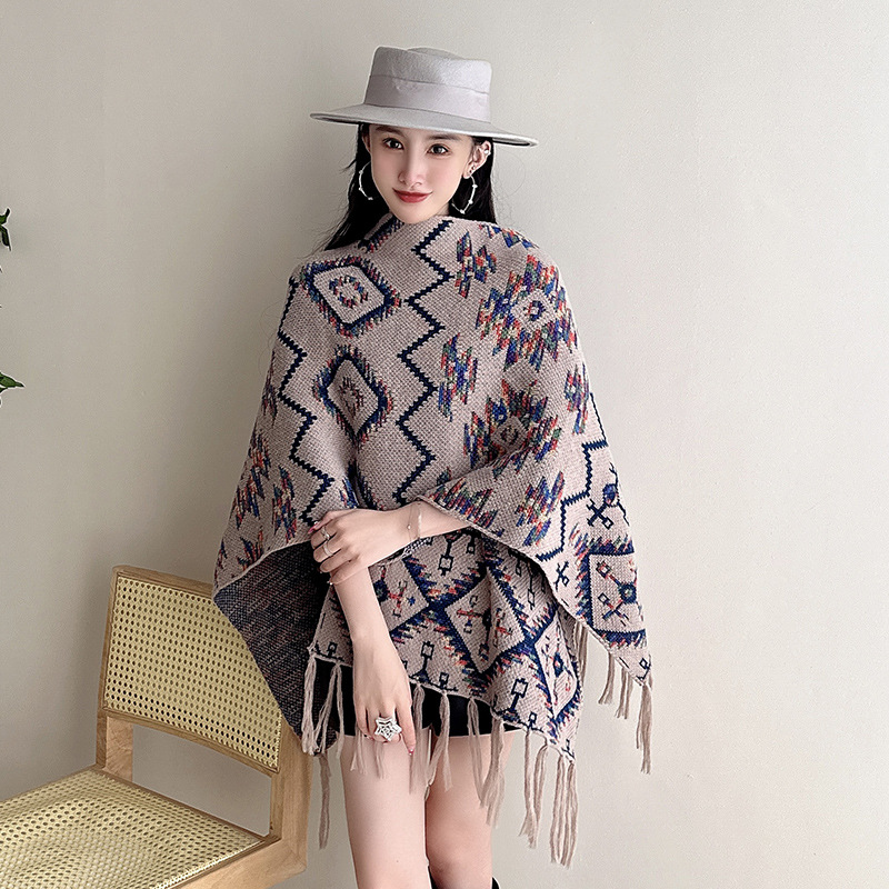 2023 Autumn Winter New Ethnic Style Tassel Shawl Cape Cape Outer Wear Jacquard Loose Knitted Cardigan Coat Women