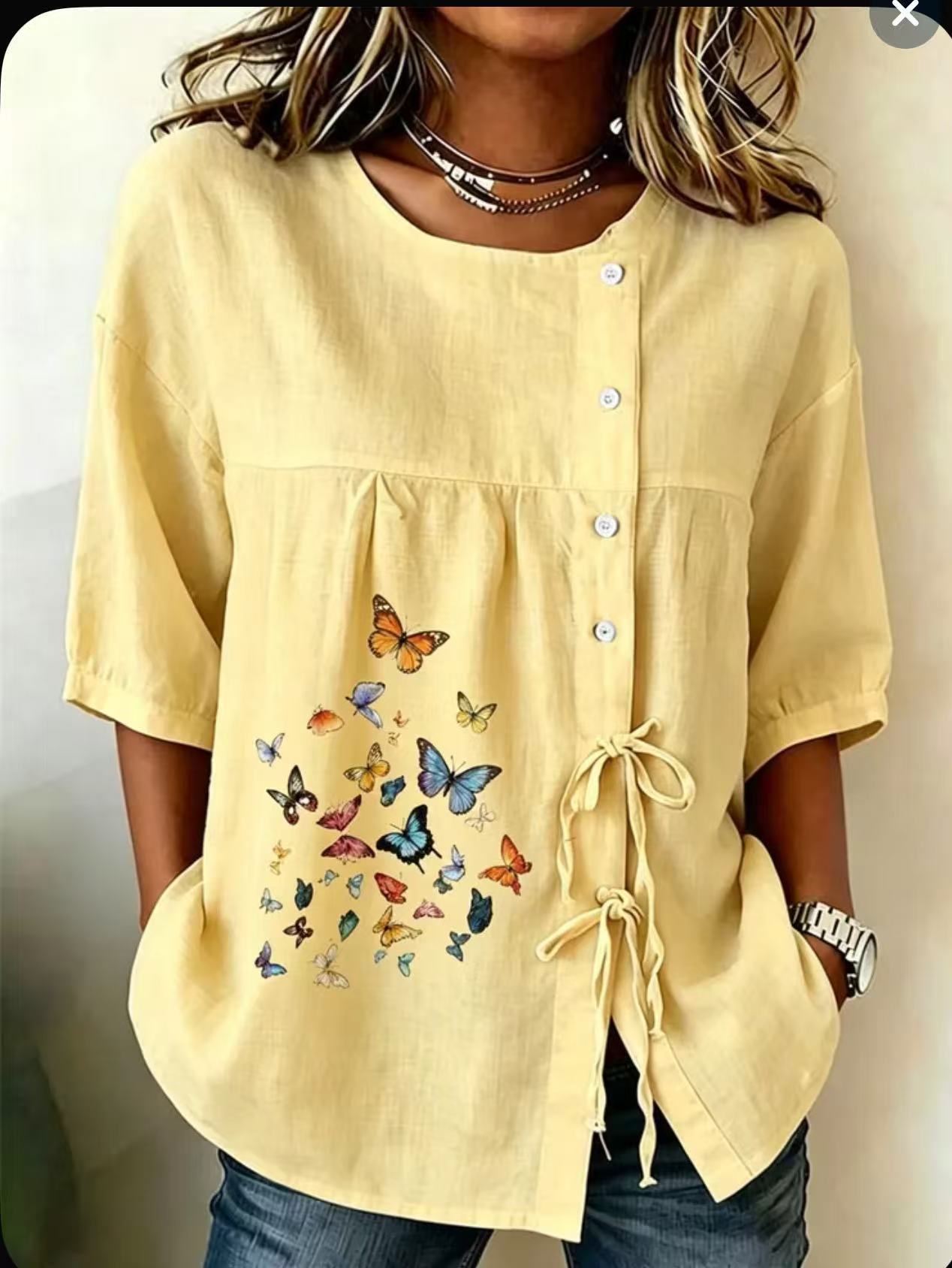 2026 New Style Printed Dandelion Loose Short Sleeve Blouse Women Tie Casual Top