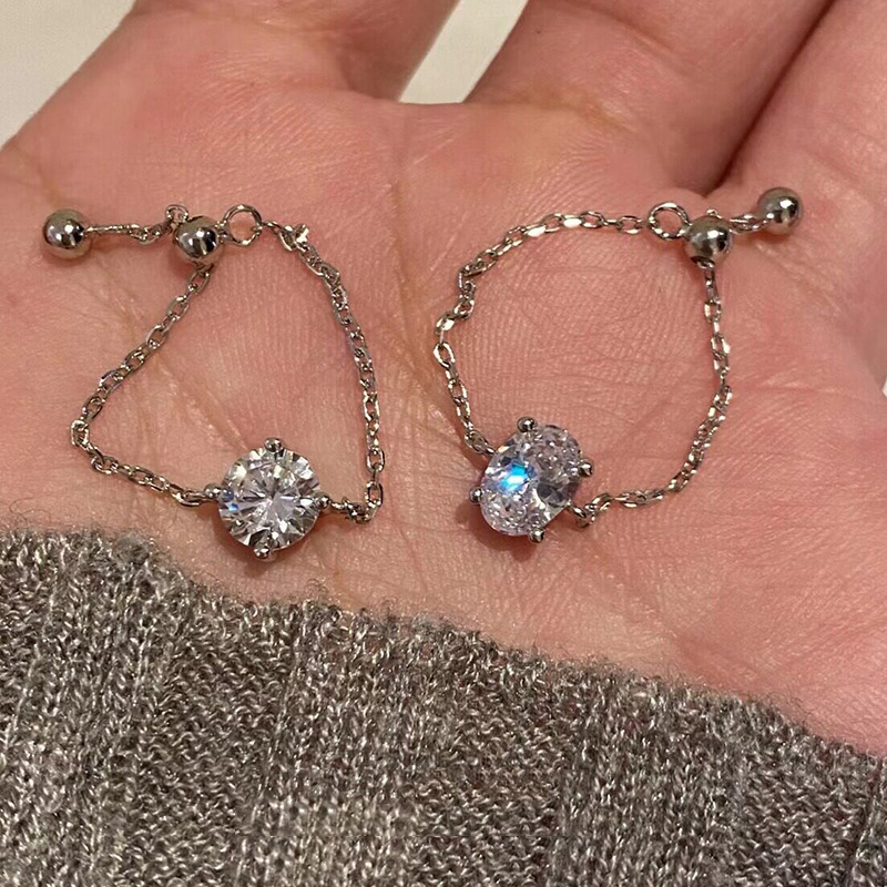 Mermaid's Tear Round High Carbon Diamond Pull Ring Round Bead Oval Zircon Ring Geometric Chain Ring