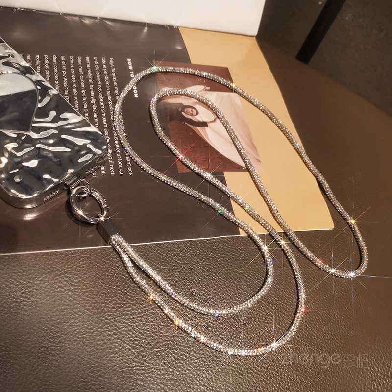 Diagonal full diamond hanging chain women's phone lanyard long back strap metal clip Nordic small fragrance style