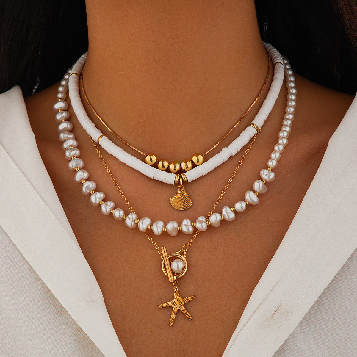 Cross Multi-Layer Pearl Necklace Shell Starfish Pendant Choker Layered Neck Chain Chain