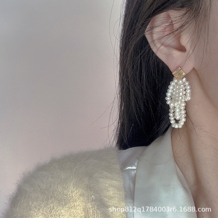 Hand-woven tassel natural multi-layer freshwater pearl S925 silver ear pin
