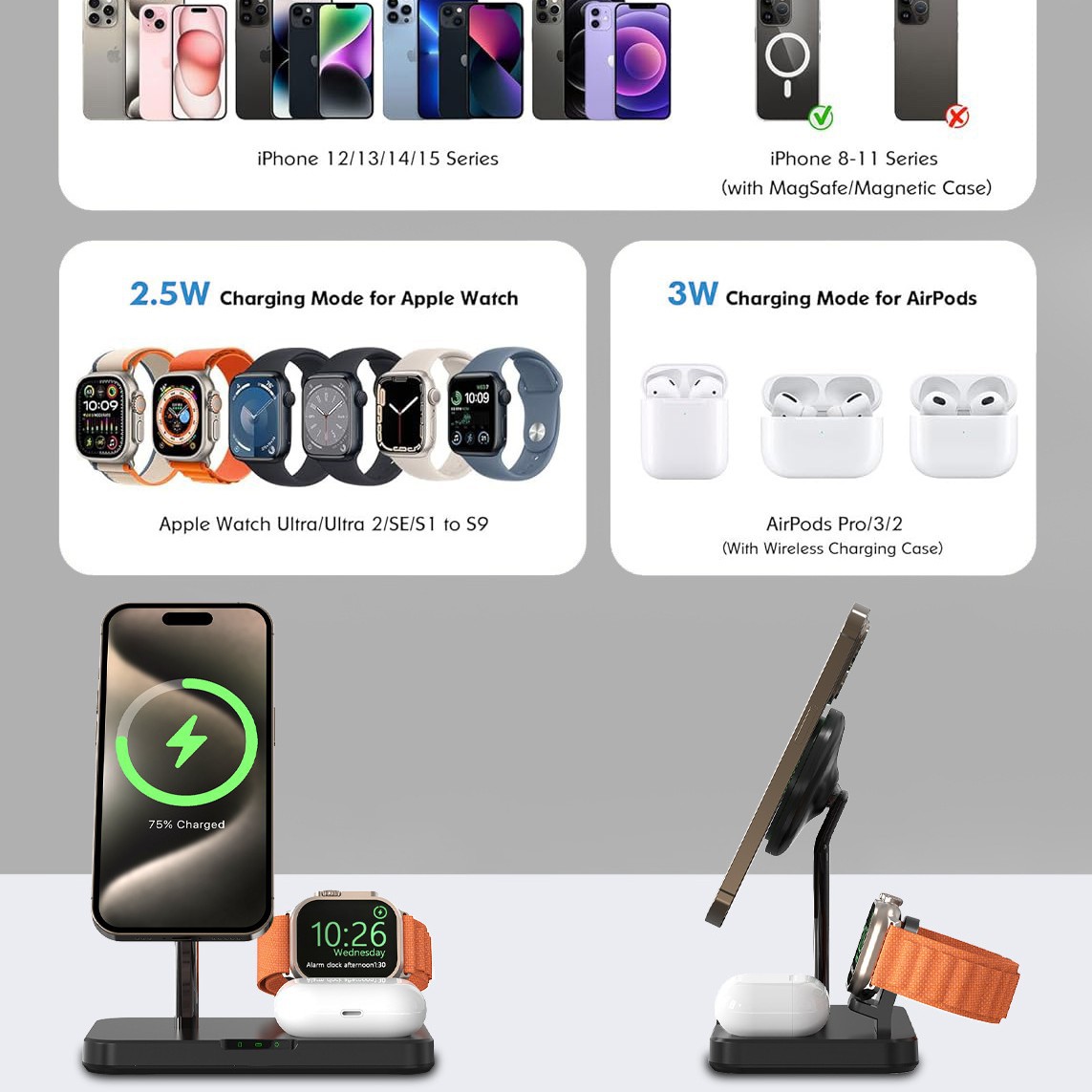 Qi2 Three-in-One Wireless Charger Supports MagSafe Magnetic Adjustable Angle 15W Fast Charging