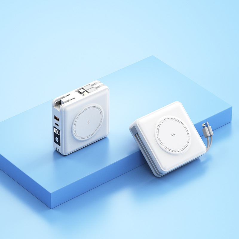 Plug magnetic wireless charging power bank dual fast charging cable PD22.5W hidden stand mobile power 15000