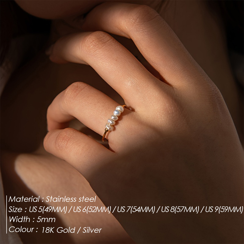 eManco Simple Natural Baroque Pearl Ring Minimalist Ring for Women Titanium Steel Jewelry