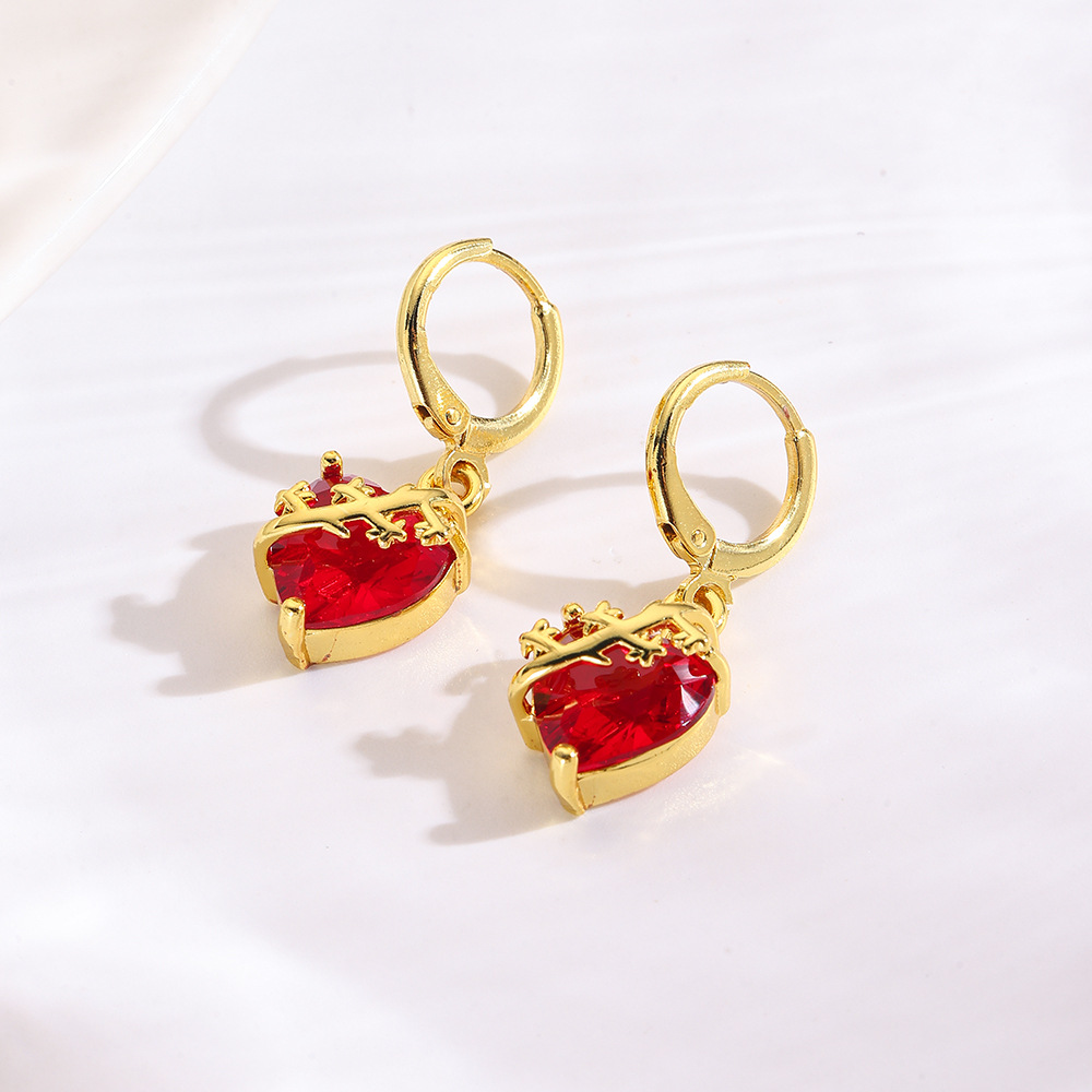 Copper plated red heart cross earring earrings sweet rose crown arrow through heart ear clip earring earrings jewelry