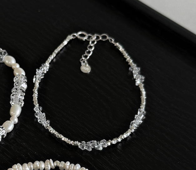 Cool feeling summer natural freshwater pearl flash spirit cut white crystal all solid silver crushed silver bracelet for women
