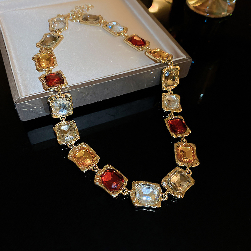 Crystal Square Choker Necklace Palace Style Exaggerated Collar Necklace for Women