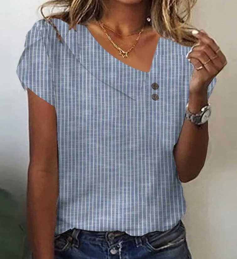 2026 New Summer V-Neck Printed Short Sleeve T-Shirt Women Loose Bubble Sleeve Casual Top