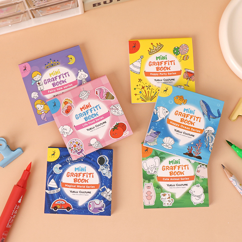 Cartoon portable mini graffiti book children 50 sheets sticky note coloring book watercolor coloring book early childhood enlightenment drawing book