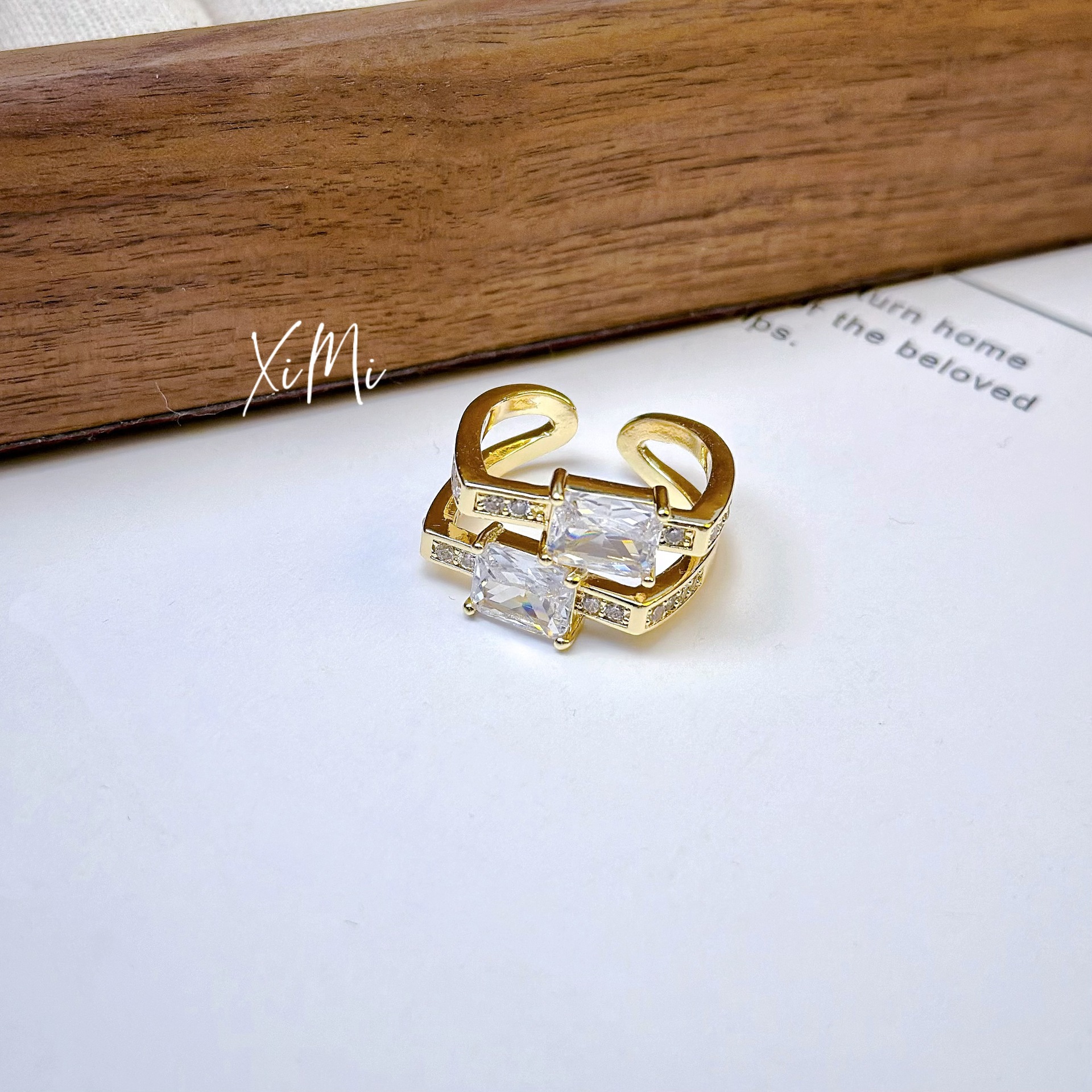 Zirconia Square Double-Layer Open Ring for Women Niche Design Index Finger Ring Hand Jewelry